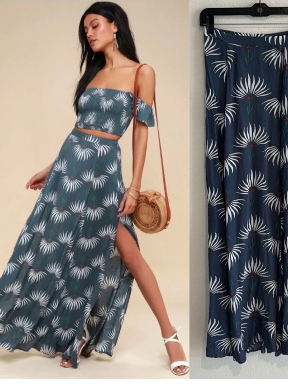 Lulu's Navy Palm-Print Maxi Skirt